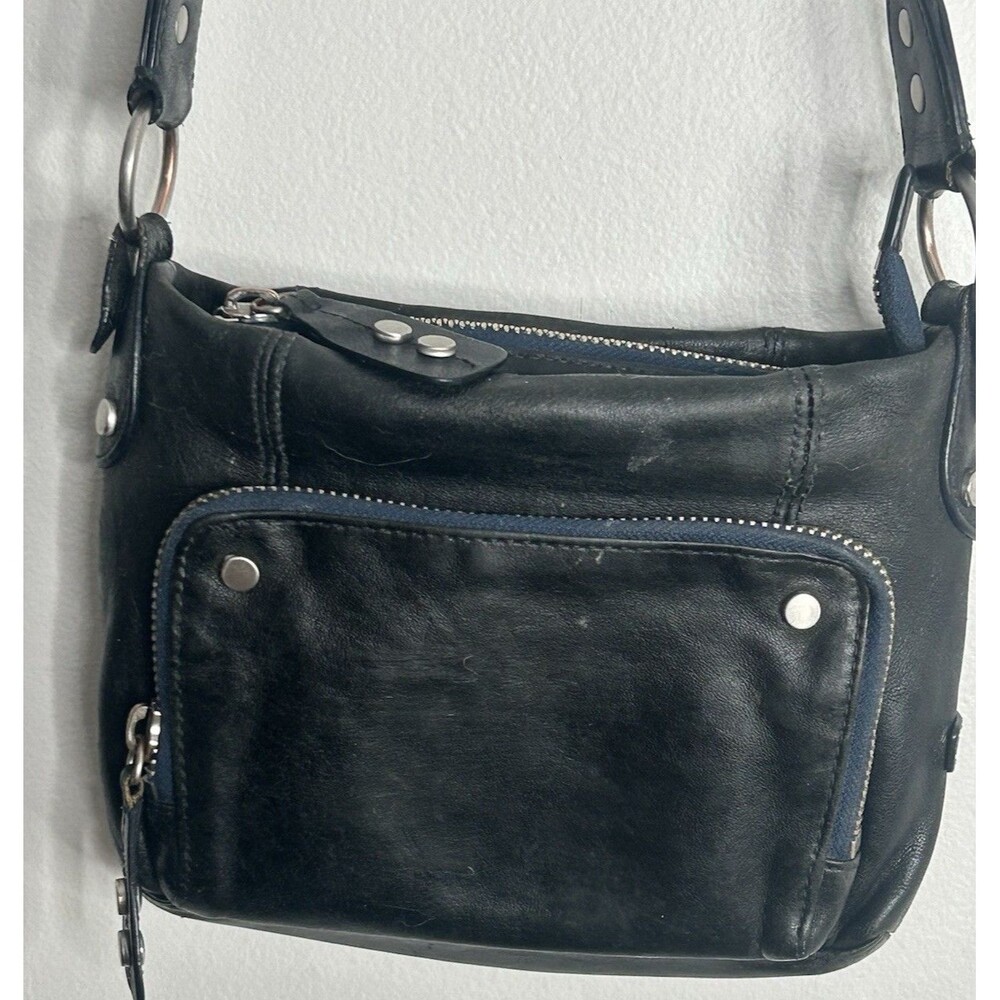 Ellington Leather Crossbody Purse Black Adjustable Silver blue zips Biker Rocker